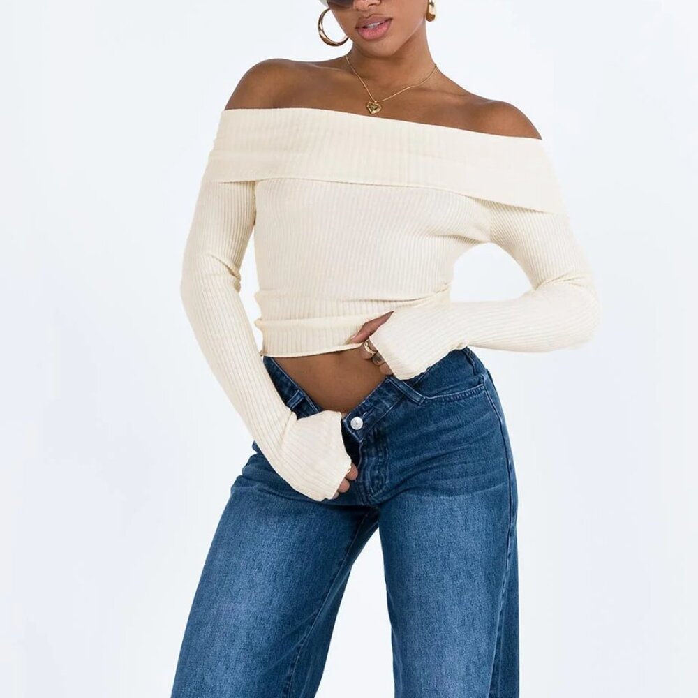 Princess Polly Cream Morley Off Shoulder Sweater, M/L - Picture 2 of 9